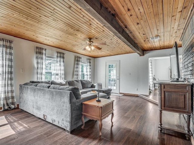 1008 S Neptune Rd, Edmond, OK 73003 - living area with a wood ceiling with exposed beams, ceiling fan, and dark wood-style flooring