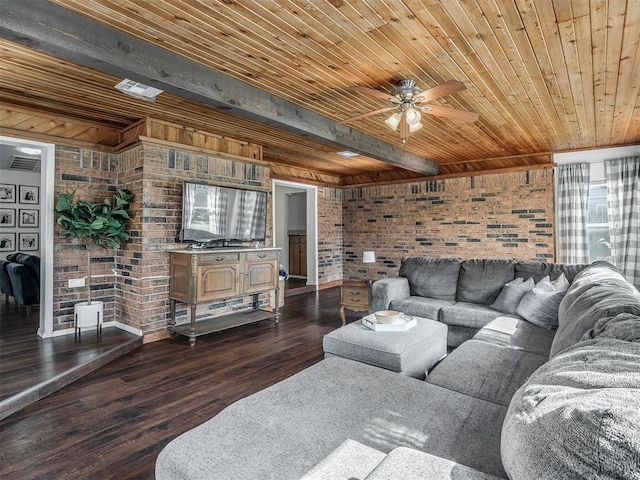 1008 S Neptune Rd, Edmond, OK 73003 - living area featuring brick wall, wood ceiling, a ceiling fan, and dark wood-style floors