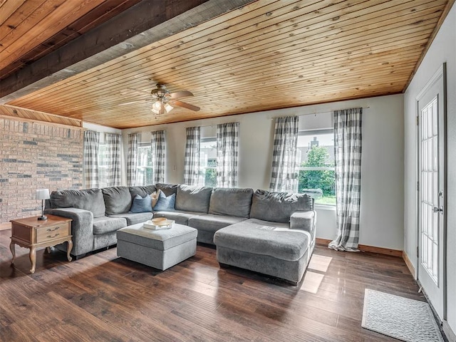 1008 S Neptune Rd, Edmond, OK 73003 - living area featuring wood ceiling, wood finished floors, and ceiling fan