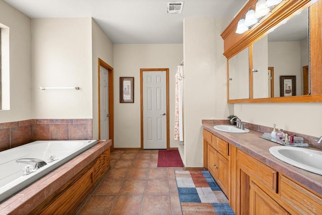 125 NW 147th St, Edmond, OK 73013 - bathroom with a bath, double vanity, tile patterned flooring, and a shower with shower curtain