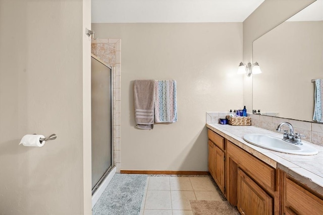 125 NW 147th St, Edmond, OK 73013 - full bath featuring vanity, a stall shower, and tile patterned flooring