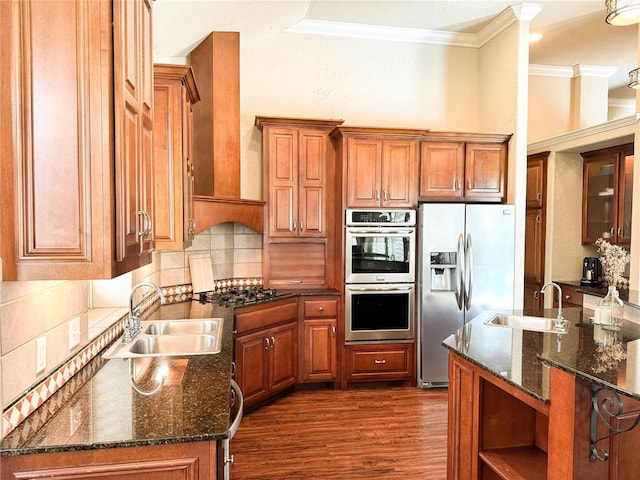1004 Reginald Dr, Norman, OK 73072 - kitchen featuring appliances with stainless steel finishes, crown molding, open shelves, brown cabinetry, and dark wood finished floors