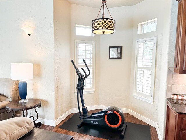 1004 Reginald Dr, Norman, OK 73072 - workout room featuring wood finished floors and a textured wall