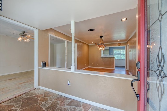 824 N Poplar Ln, Midwest City, OK 73130 - entryway with ornamental molding, a ceiling fan, wood finished floors, and recessed lighting