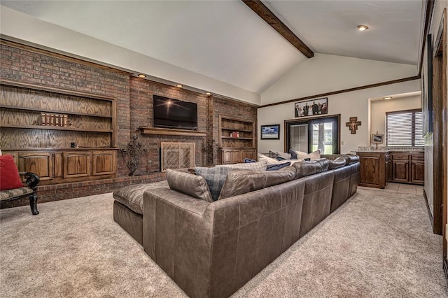 1504 Canary Pl, Edmond, OK 73034 - living room featuring light carpet, built in features, and a fireplace