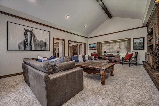 1504 Canary Pl, Edmond, OK 73034 - living area featuring carpet floors, beam ceiling, high vaulted ceiling, and recessed lighting