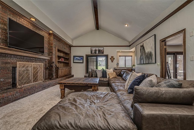 1504 Canary Pl, Edmond, OK 73034 - living area with built in shelves, carpet flooring, and a brick fireplace
