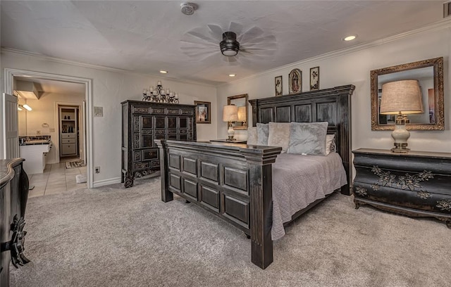 1504 Canary Pl, Edmond, OK 73034 - bedroom with light carpet, ornamental molding, connected bathroom, recessed lighting, and ceiling fan