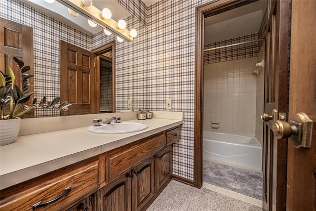 1504 Canary Pl, Edmond, OK 73034 - full bathroom featuring wallpapered walls, vanity, bathing tub / shower combination, and tile patterned floors