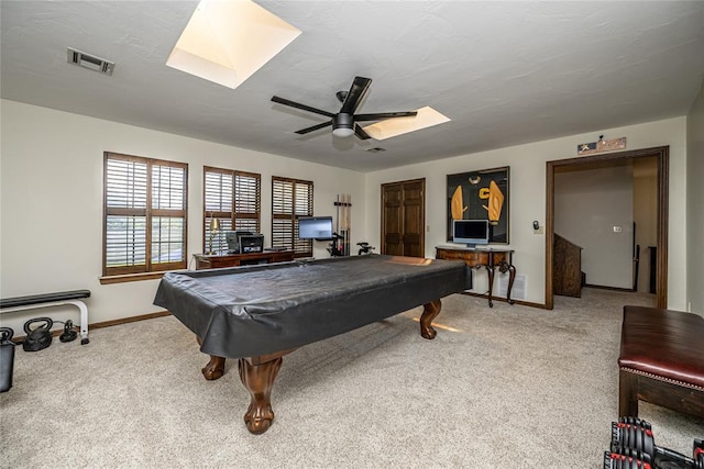 1504 Canary Pl, Edmond, OK 73034 - recreation room with a skylight, carpet, a ceiling fan, and pool table