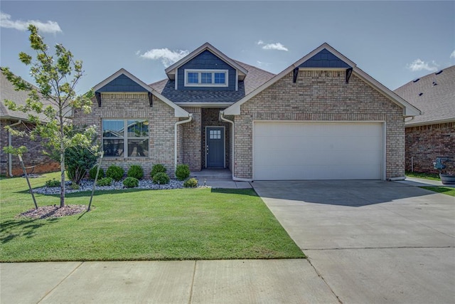 3800 Palmetto Trl, Oklahoma City, OK 73179 - view of front of property featuring an attached garage, concrete driveway, a front lawn, brick siding, and a shingled roof