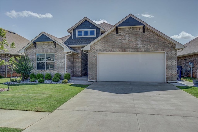 3800 Palmetto Trl, Oklahoma City, OK 73179 - craftsman-style home with concrete driveway, a front yard, an attached garage, brick siding, and a shingled roof