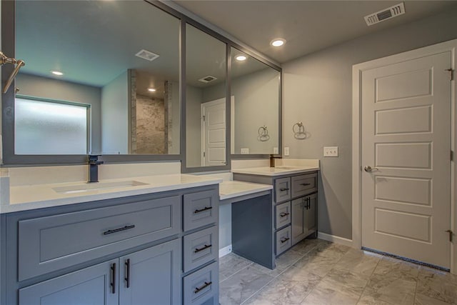 3800 Palmetto Trl, Oklahoma City, OK 73179 - full bath with vanity, marble finish flooring, a tile shower, and recessed lighting