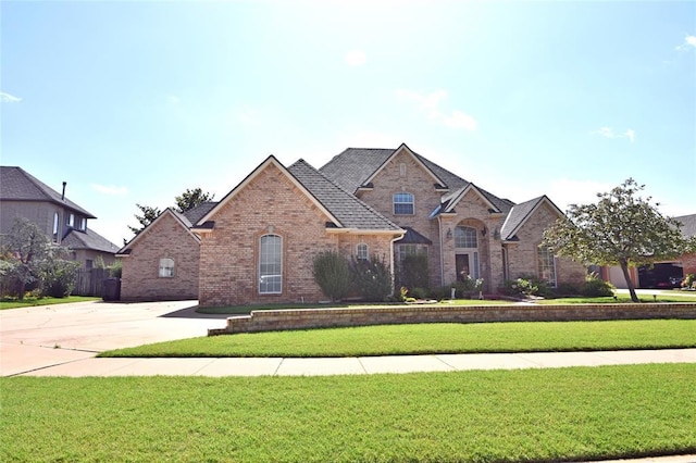 12608 Redstone Ct, Oklahoma City, OK 73142 - view of front of property featuring brick siding, a front lawn, and driveway