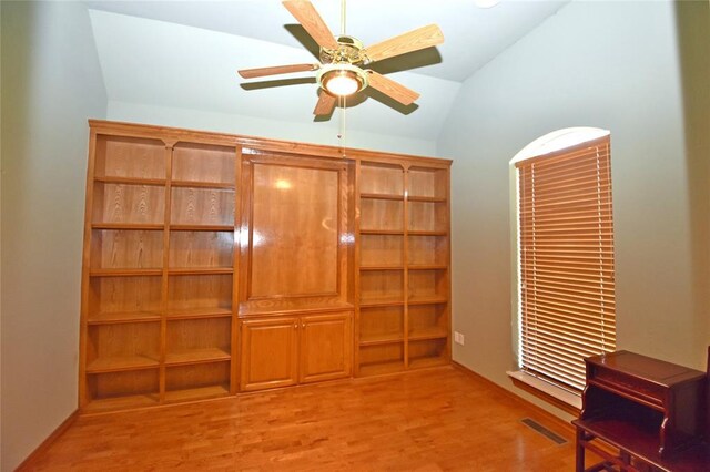 12608 Redstone Ct, Oklahoma City, OK 73142 - interior space with lofted ceiling, a ceiling fan, and light wood-style flooring