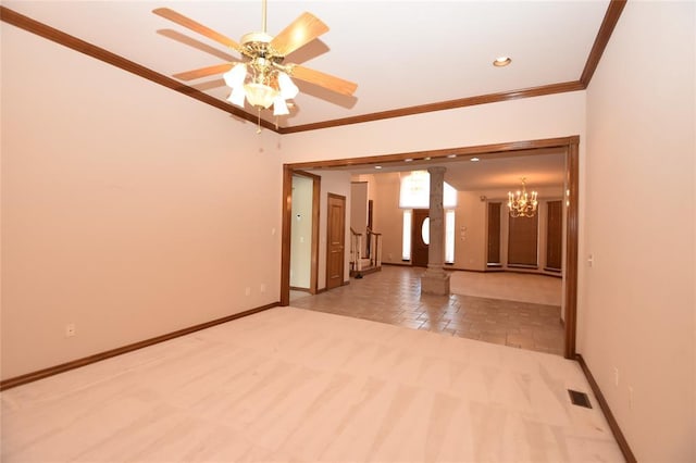 12608 Redstone Ct, Oklahoma City, OK 73142 - carpeted spare room featuring ornamental molding, a chandelier, ceiling fan, and recessed lighting