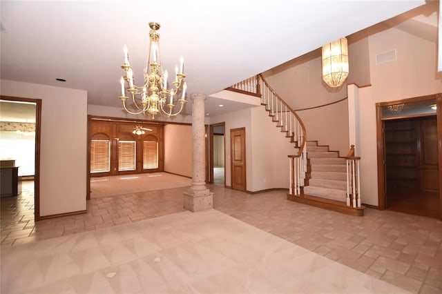 12608 Redstone Ct, Oklahoma City, OK 73142 - entrance foyer featuring a chandelier, stairs, and recessed lighting