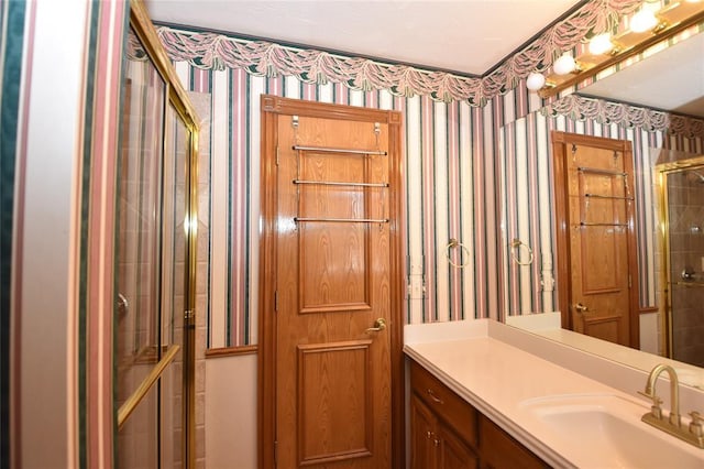12608 Redstone Ct, Oklahoma City, OK 73142 - bathroom with wallpapered walls, vanity, and a shower stall