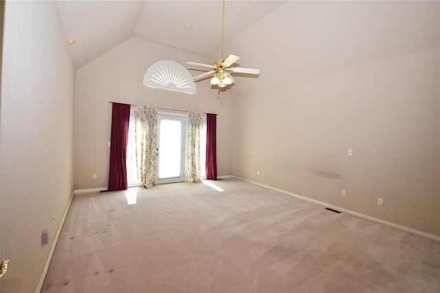 12608 Redstone Ct, Oklahoma City, OK 73142 - empty room with a ceiling fan, light carpet, and high vaulted ceiling