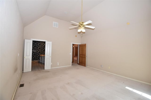 12608 Redstone Ct, Oklahoma City, OK 73142 - unfurnished bedroom featuring high vaulted ceiling, light colored carpet, a spacious closet, and ceiling fan