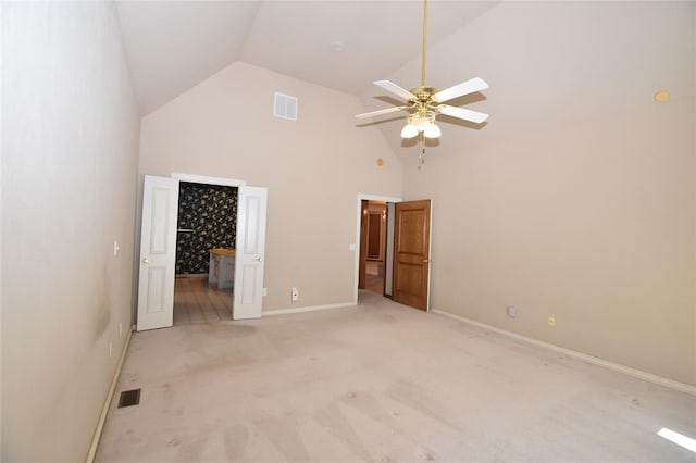 12608 Redstone Ct, Oklahoma City, OK 73142 - unfurnished bedroom with light colored carpet, high vaulted ceiling, and a ceiling fan