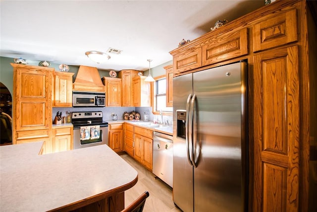 23281 N Pvt 3227 Dr, Pauls Valley, OK 73075 - kitchen with stainless steel appliances, light countertops, decorative light fixtures, light wood finished floors, and backsplash