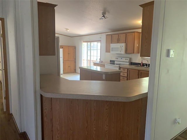 128 N Buffalo St, Canadian, OK 74425 - kitchen featuring white appliances, a peninsula, wood finished floors, and light countertops