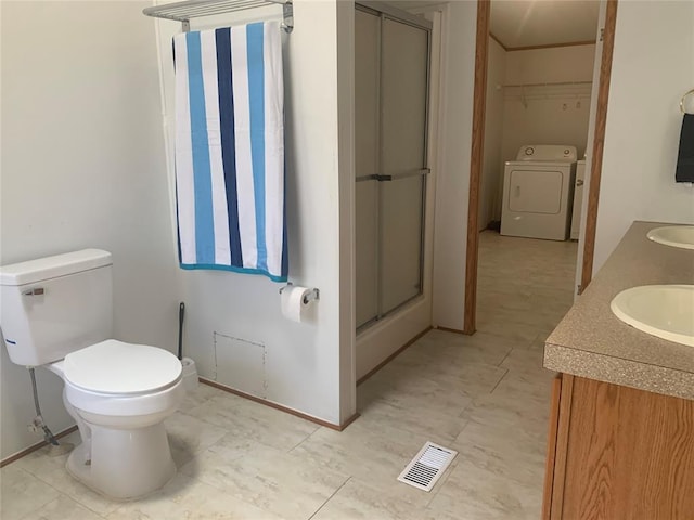 128 N Buffalo St, Canadian, OK 74425 - full bathroom with a stall shower, double vanity, and washer and dryer