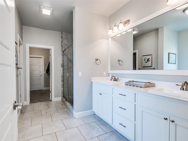 1417 Atalon Dr, Moore, OK 73160 - bathroom featuring double vanity, a stall shower, and tile patterned floors