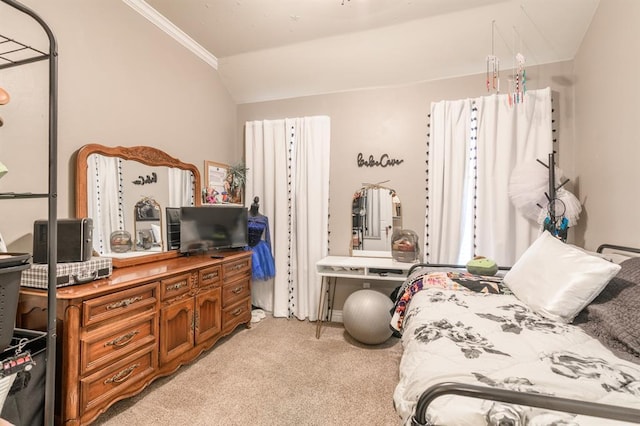 3101 Firewheel Rd, Edmond, OK 73013 - bedroom featuring lofted ceiling, light colored carpet, and ornamental molding