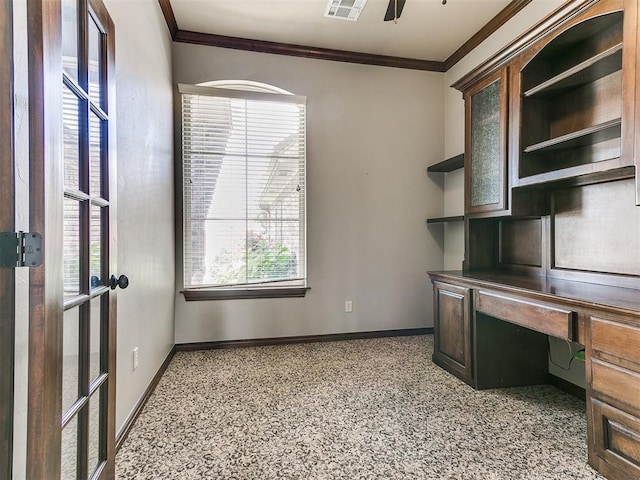 12824 NW 6th St, Yukon, OK 73099 - unfurnished office with crown molding, healthy amount of natural light, and built in study area