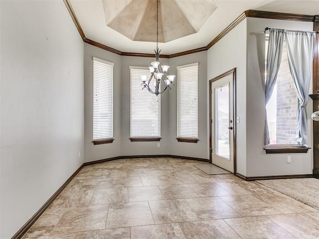 12824 NW 6th St, Yukon, OK 73099 - unfurnished dining area with a chandelier, healthy amount of natural light, and ornamental molding