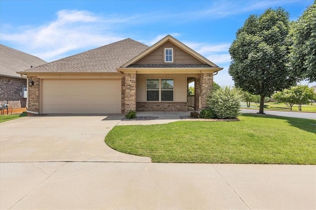 600 Nathan Way, Yukon, OK 73099 - craftsman inspired home with brick siding, an attached garage, a front lawn, driveway, and a shingled roof