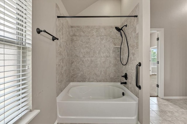 600 Nathan Way, Yukon, OK 73099 - full bathroom with shower / tub combination, tile patterned flooring, and vaulted ceiling