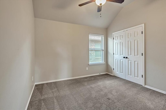 600 Nathan Way, Yukon, OK 73099 - unfurnished bedroom with carpet, vaulted ceiling, a closet, and a ceiling fan