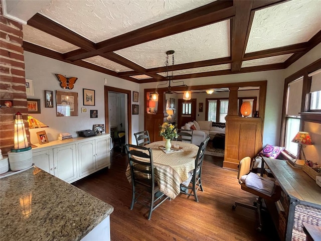 1845 W Park Pl, Oklahoma City, OK 73106 - dining space with coffered ceiling, dark wood finished floors, beam ceiling, and a textured ceiling