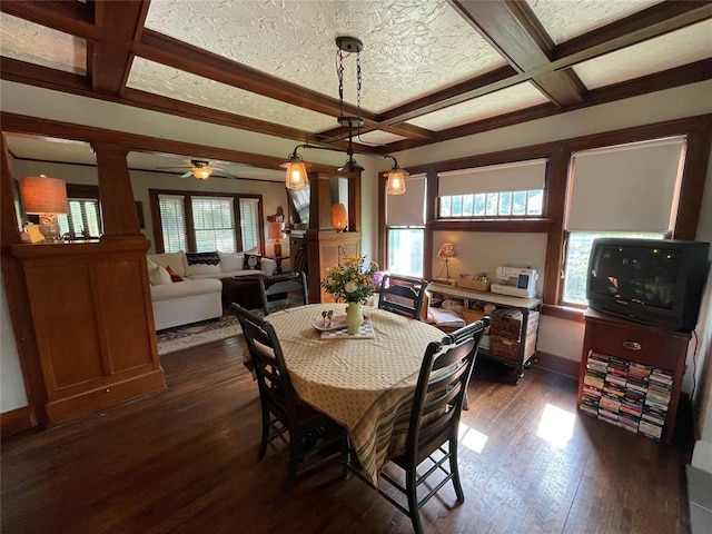 1845 W Park Pl, Oklahoma City, OK 73106 - dining area with coffered ceiling, dark wood-type flooring, beam ceiling, decorative columns, and a ceiling fan