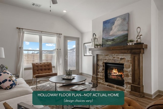 12825 NW 4th St, Yukon, OK 73099 - living room with wood finished floors, vaulted ceiling, a fireplace, and a ceiling fan