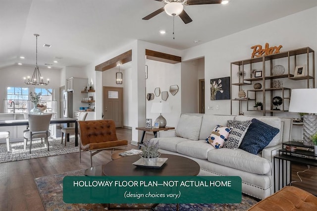 12825 NW 4th St, Yukon, OK 73099 - living area featuring wood finished floors, ceiling fan, a chandelier, lofted ceiling, and recessed lighting