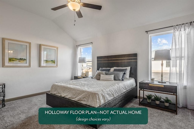 12825 NW 4th St, Yukon, OK 73099 - bedroom featuring carpet flooring, vaulted ceiling, and ceiling fan