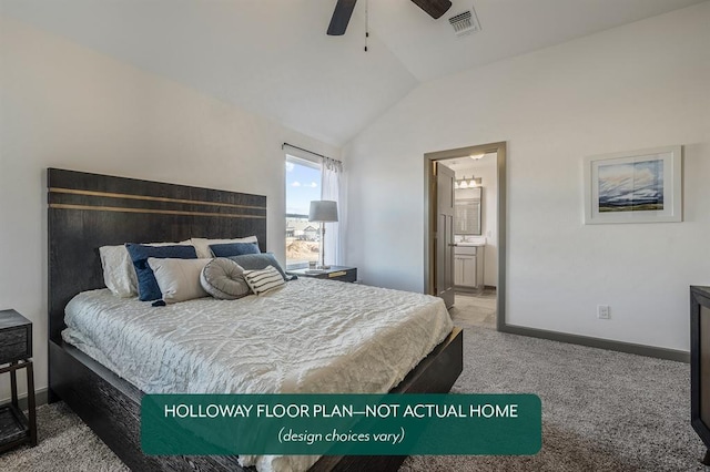 12825 NW 4th St, Yukon, OK 73099 - bedroom with vaulted ceiling, carpet floors, ensuite bath, and a ceiling fan