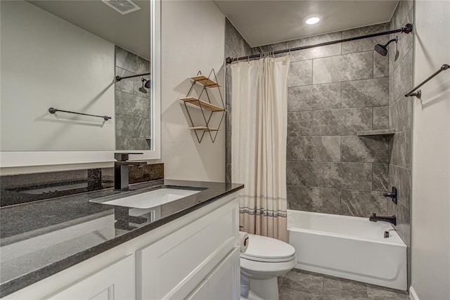 9120 NW 123rd St, Yukon, OK 73099 - bathroom featuring vanity, shower / bathtub combination with curtain, tile patterned floors, and recessed lighting