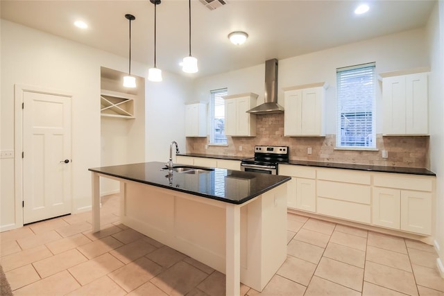 10928 NW 38th Ter, Yukon, OK 73099 - kitchen featuring wall chimney range hood, stainless steel electric range oven, dark countertops, backsplash, and recessed lighting