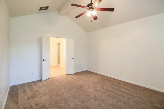 10928 NW 38th Ter, Yukon, OK 73099 - carpeted spare room featuring beam ceiling, ceiling fan, and high vaulted ceiling