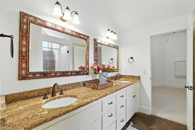 15016 Kurdson Way, Edmond, OK 73013 - full bath featuring double vanity, lofted ceiling, and a tile shower