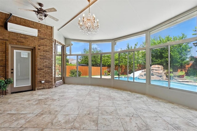 15016 Kurdson Way, Edmond, OK 73013 - unfurnished sunroom featuring a wall mounted AC, brick wall, and a chandelier