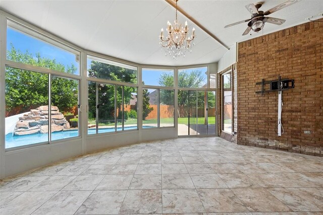 15016 Kurdson Way, Edmond, OK 73013 - unfurnished sunroom with a ceiling fan, a chandelier, and brick wall