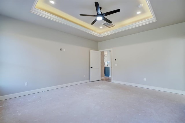 13337 SE 95th St, Oklahoma City, OK 73165 - unfurnished room featuring a raised ceiling, recessed lighting, concrete floors, a ceiling fan, and ornamental molding