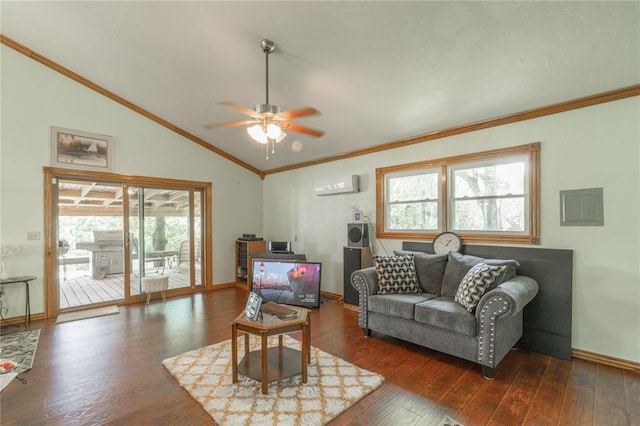 1404 Oak Dr, Edmond, OK 73034 - living room featuring lofted ceiling, a ceiling fan, crown molding, dark wood-style flooring, and healthy amount of natural light