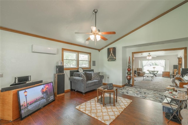 1404 Oak Dr, Edmond, OK 73034 - living area with a wall unit AC, a ceiling fan, ornamental molding, healthy amount of natural light, and lofted ceiling